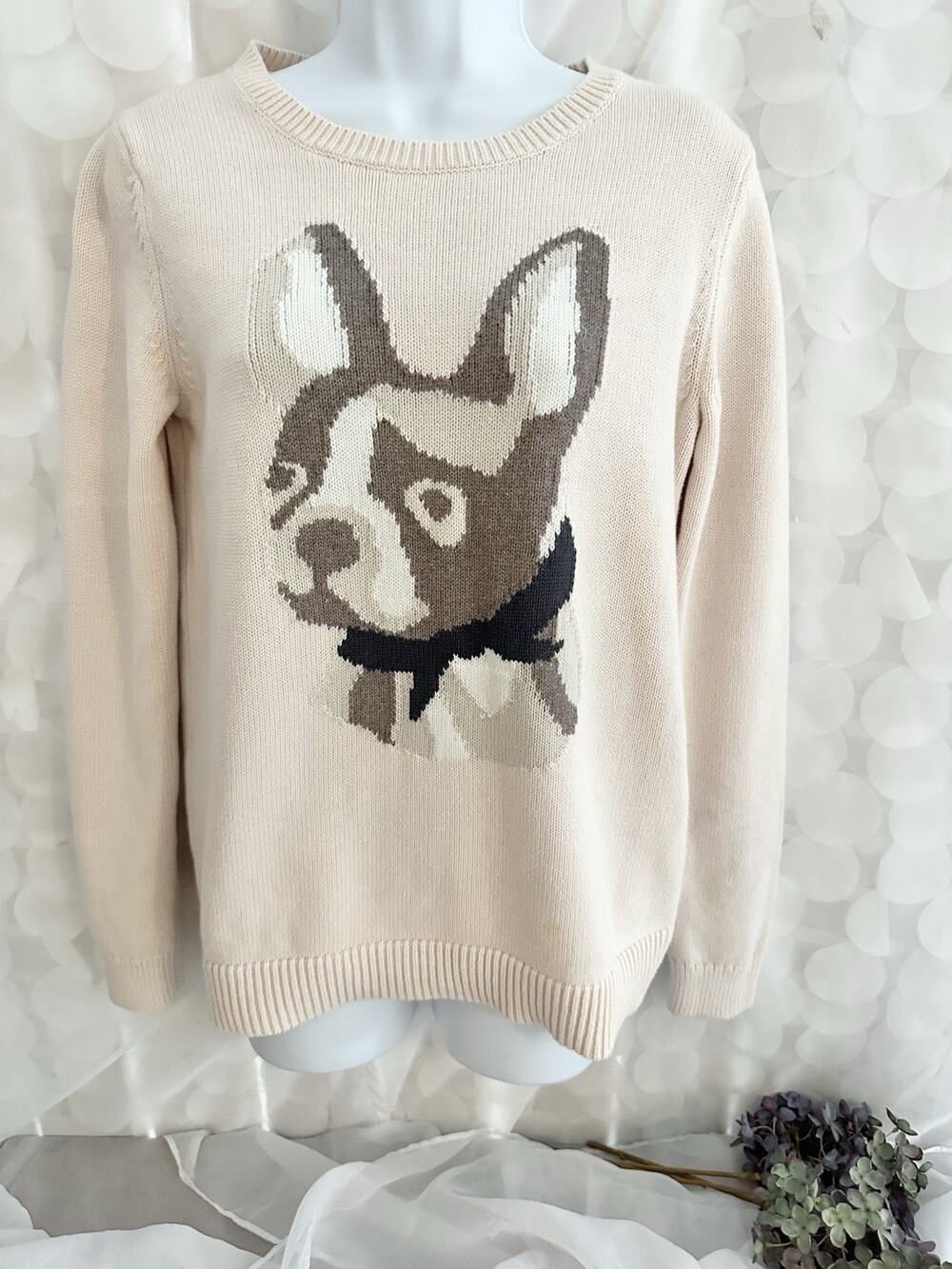 Ann Taylor Loft French Bulldog Sweater Intarsia Pale Pink Small Long Sleeve NEW